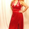 Carla | Custom Christmas Party Dress in red satin with neck ruffles and an A-line skirt